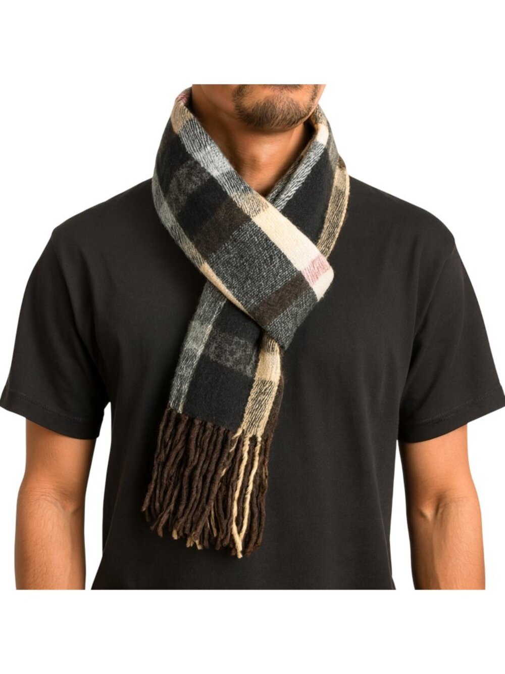 NEW Alpine Swiss Mens Plaid Scarf Soft Winter Fringe 87987642 Brown Navy Multi